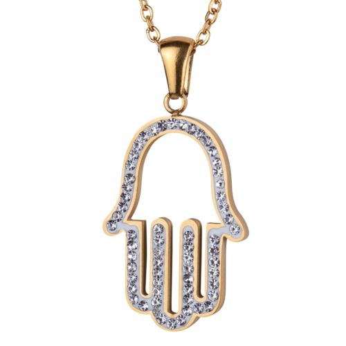 LuckyLy Collares de Mujer con Mano de Fátima , Cadena con Dije, Acero Inoxidable con Baño de Oro 18k y Zirconia Cúbica - Modelo Hamsa
