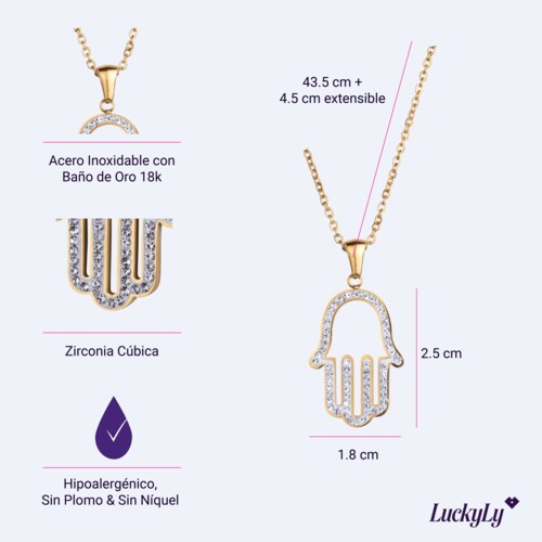 LuckyLy Collares de Mujer con Mano de Fátima , Cadena con Dije, Acero Inoxidable con Baño de Oro 18k y Zirconia Cúbica - Modelo Hamsa