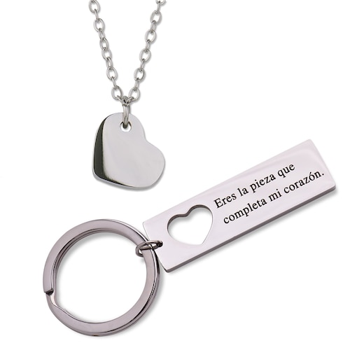 LuckyLy Kit Collar de Corazón y Llavero para Mujer con Frase C , Acero Inoxidable - Modelo Joana