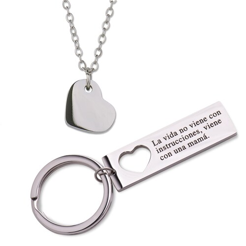 LuckyLy Kit Collar de Corazón y Llavero para Mujer con Frase M , Acero Inoxidable - Modelo Joana