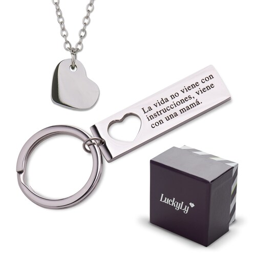 LuckyLy Kit Collar de Corazón y Llavero para Mujer con Frase M , Acero Inoxidable - Modelo Joana