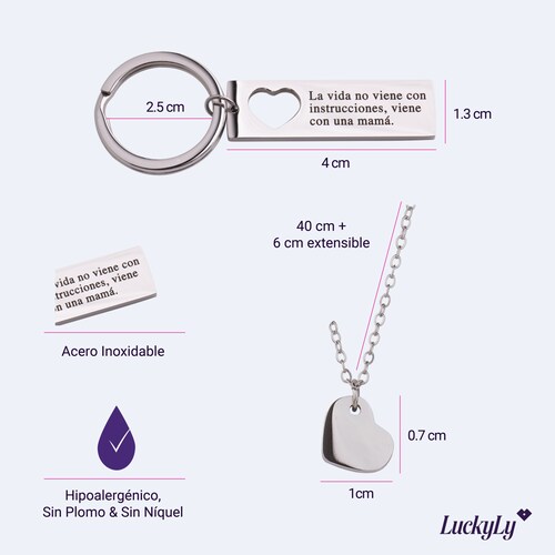 LuckyLy Kit Collar de Corazón y Llavero para Mujer con Frase M , Acero Inoxidable - Modelo Joana