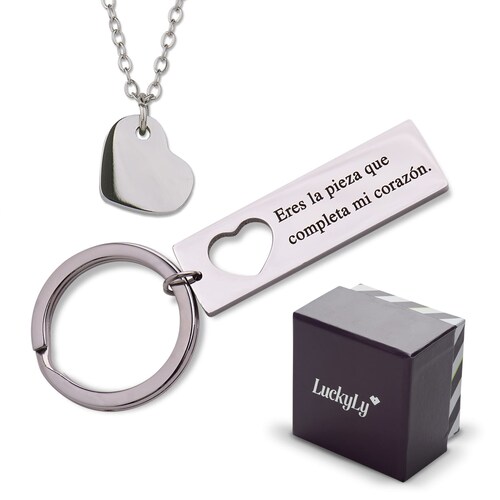 LuckyLy Kit Collar de Corazón y Llavero para Mujer con Frase C , Acero Inoxidable - Modelo Joana