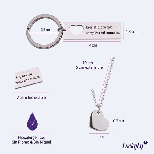 LuckyLy Kit Collar de Corazón y Llavero para Mujer con Frase C , Acero Inoxidable - Modelo Joana