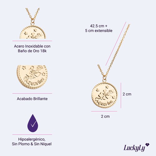 LuckyLy Collar Oro 18k de Horóscopo con Dije de Signo Zodiacal Cáncer , Cadena de Acero Inoxidable con Baño de Oro 18k - Modelo Astra