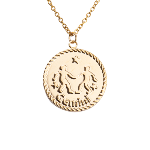 LuckyLy Collar Oro 18k de Horóscopo con Dije de Signo Zodiacal Géminis , Cadena de Acero Inoxidable con Baño de Oro 18k - Modelo Astra