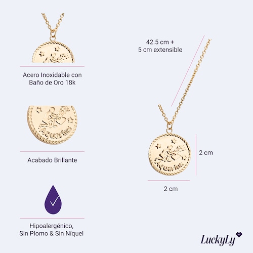 LuckyLy Collar Oro 18k de Horóscopo con Dije de Signo Zodiacal Leo, Cadena de Acero Inoxidable con Baño de Oro 18k - Modelo Astra