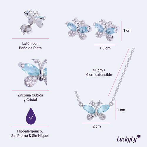 LuckyLy Set de Joyería para Mujer Mariposas con Baño de Plata , Cristal y  Zirconia Cúbica, Juego