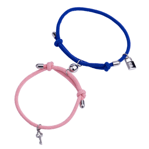 LuckyLy Pulseras para Pareja Magnéticas de Cuerda y Acero Inoxidable con Imán , PPulsera Hombre Plata y Azul, Pulsera Mujer Plata y Rosa - Modelo Tala