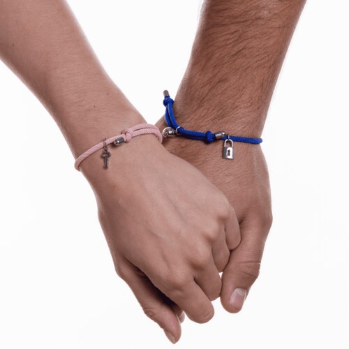 LuckyLy Pulseras para Pareja Magnéticas de Cuerda y Acero Inoxidable con Imán , PPulsera Hombre Plata y Azul, Pulsera Mujer Plata y Rosa - Modelo Tala
