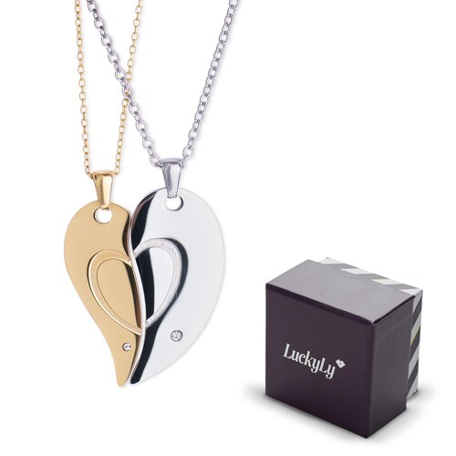 LuckyLy Collares para Parejas de Corazón de Acero Inoxidable y Zirconia Cúbica , Collar Hombre Plata, Collar Mujer Oro 18k - Modelo Amore