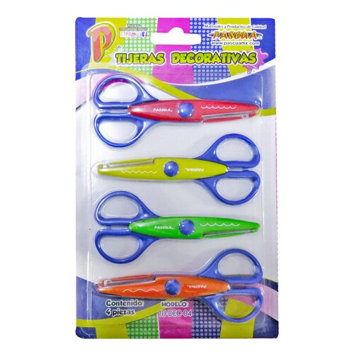TIJERAS DECORATIVAS 4 PIEZAS CORTES DIFERENTES CON FORMAS PARA MANUALIDAD TIJ-DEC-04