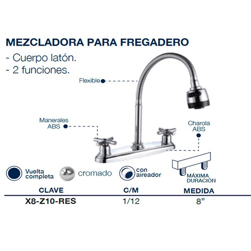 Llave Mezcladora Fregadero Tarja Cocina Cruzeta 2 Funciones