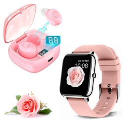Reloj Deportivo Inteligente Bluetooth Mas Audífonos Inalámbricos Impermeables Color Rosa Smartwatch