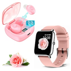 Reloj Deportivo Inteligente Bluetooth Mas Audífonos Inalámbricos Impermeables Color Rosa Smartwatch