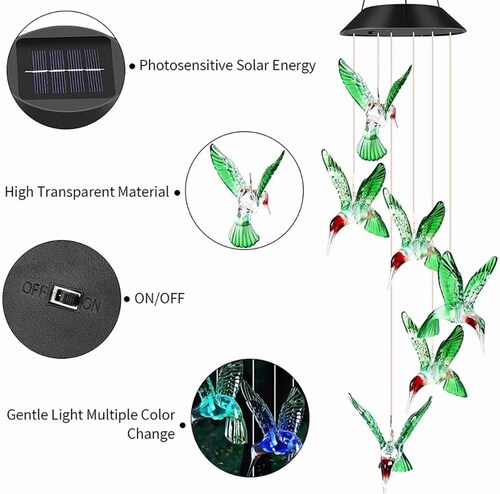 Colibríes Carillón Viento Solar Lámpara Led Exterior
