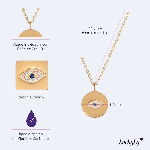 LuckyLy Collar para Mujer con Dije de Ojo Turco Protector , Cadena de Acero Inoxidable Mujer con Baño de Oro 18k y Zirconia Cúbica - Modelo Fara