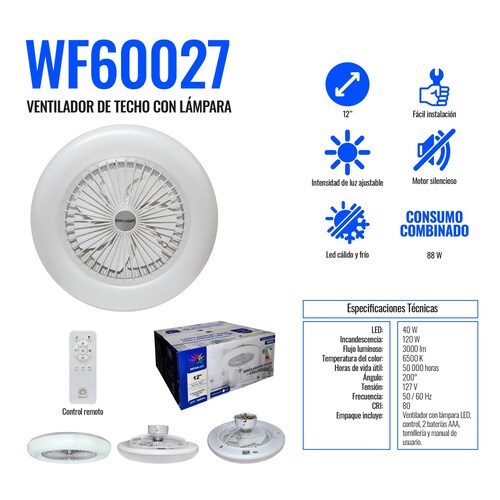 Ventilador De Techo Con Luz Led Megaluz WF60027