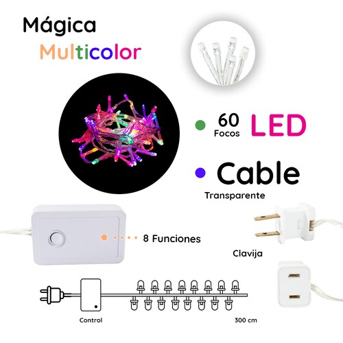 Serie Decorativa Paquete 6 Pz Luz Led Multicolor 60 Focos 8 Funciones Cable Transparente 3 m