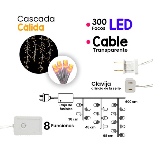 Serie Cascada Luz Calida 300 Led 8 Funciones 6 Metros Cable Transparente 