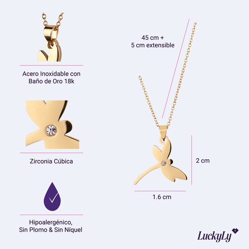 Luckyly Collares De Mujer Cadena Con Dije De Libélula Acero Inoxidable Con Baño De Oro 18k Y 1453