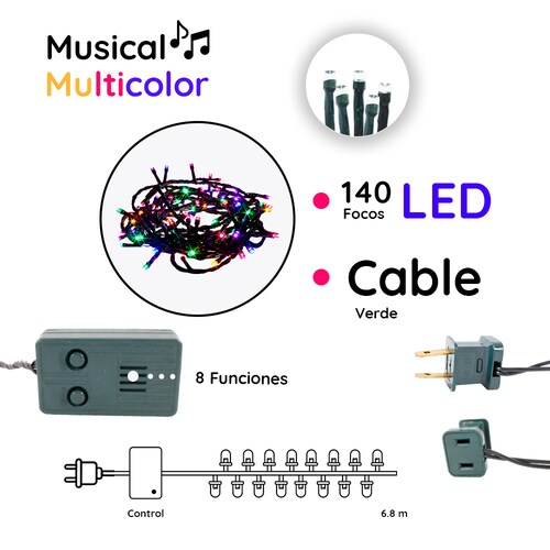 Serie Navideña 140 Led Musical Luz Multicolor 8 Funciones 6 metros