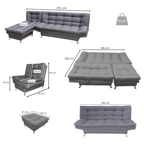 Sala Esquinera Moderna Gris Sofá Sillón y Taburete Florencia