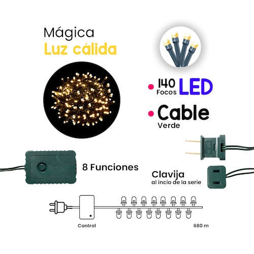 Serie de Luces Led Blanca Cálida 140 Focos 8 Funciones Cable Verde 6.3 m