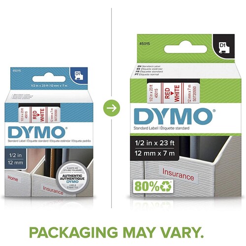 Dymo 45015 Cinta D1 1/2" 12mm Letra, rojo/blanco
