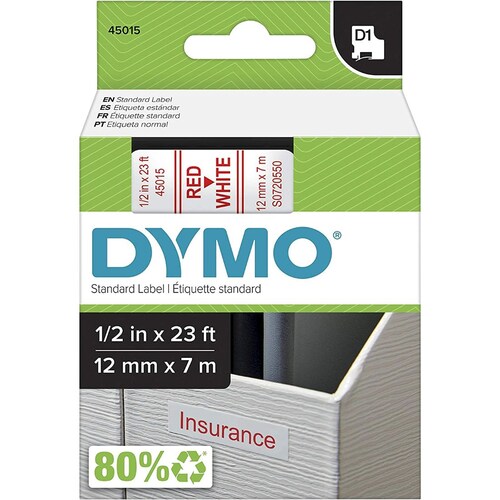 Dymo 45015 Cinta D1 1/2" 12mm Letra, rojo/blanco
