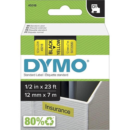 Dymo 45018 Cinta D1-1/2" 12mm -Letra, negro/amarillo.