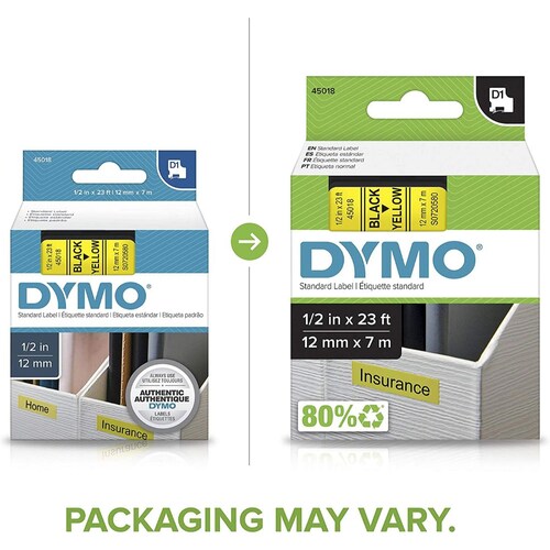 Dymo 45018 Cinta D1-1/2" 12mm -Letra, negro/amarillo.