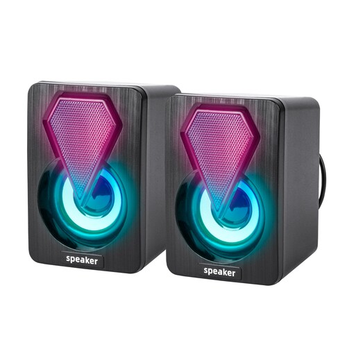 Mini Bocinas Alámbricas USB En Dúo Con Luz RGB Gamer Para Escritorio Conexión Aux 3.5 Sonido Estéreo Control De Volumen