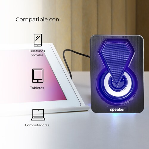 Mini Bocinas Alámbricas USB En Dúo Con Luz RGB Gamer Para Escritorio Conexión Aux 3.5 Sonido Estéreo Control De Volumen