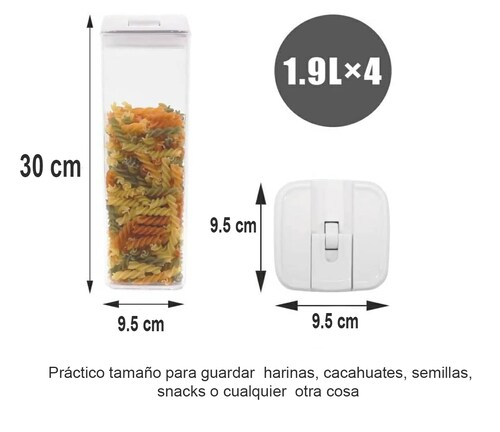  Set De 4 Contendores Herméticos De 1.9L Para Alimentos con Tazas Medidoras y Medidor de Espagueti 