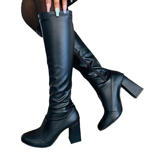Botas Largas Piel Sintética Elástica Stretch Dama a la Rodilla Negras Para Invierno Tacón Alto 9cm