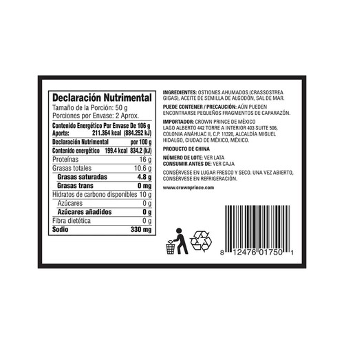 Ostiones Ahumados Enteros Crown Prince 106g