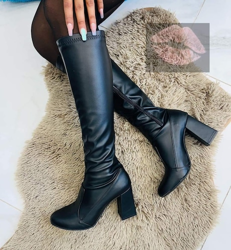 Botas Largas Piel Sintética Elástica Stretch Dama a la Rodilla Negras Para Invierno Tacón Alto 9cm