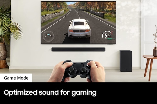 SAMSUNG HW-B450 Barra de sonido de 2.1 canales con audio Dolby Audio, subwoofer incluido, graves mejorados, conexión inalámbrica Bluetooth TV, sonido adaptativo, modo de juego