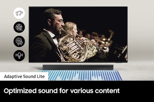 SAMSUNG HW-B450 Barra de sonido de 2.1 canales con audio Dolby Audio, subwoofer incluido, graves mejorados, conexión inalámbrica Bluetooth TV, sonido adaptativo, modo de juego
