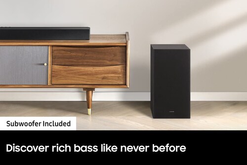SAMSUNG HW-B450 Barra de sonido de 2.1 canales con audio Dolby Audio, subwoofer incluido, graves mejorados, conexión inalámbrica Bluetooth TV, sonido adaptativo, modo de juego
