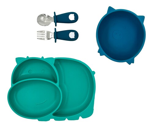 Vajilla para bebé 3 Piezas, Plato Adherente con Divisiones, Plato Hondo y Cubiertos.