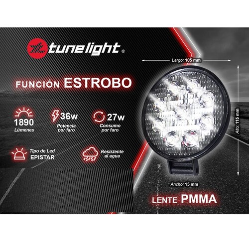 Par De Faros Redondos 9 Leds Tunelight 36w Autos/motos/botes