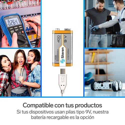 Batería recargable USB Li-Ion tipo 9V (cuadrada), de 400 mAh