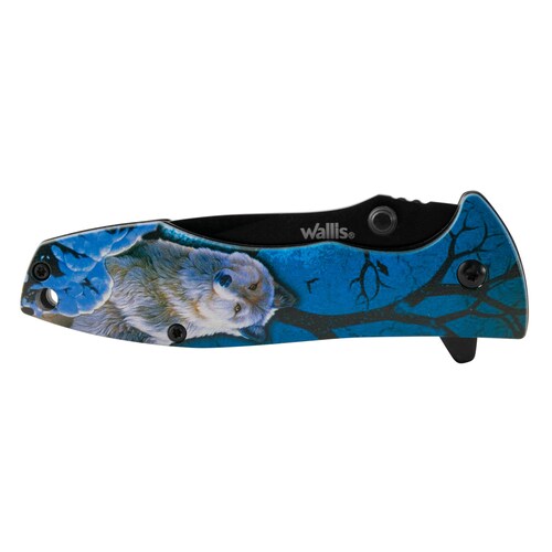 Navaja de bloqueo con mango azul diseño Lobo, acero inoxidable