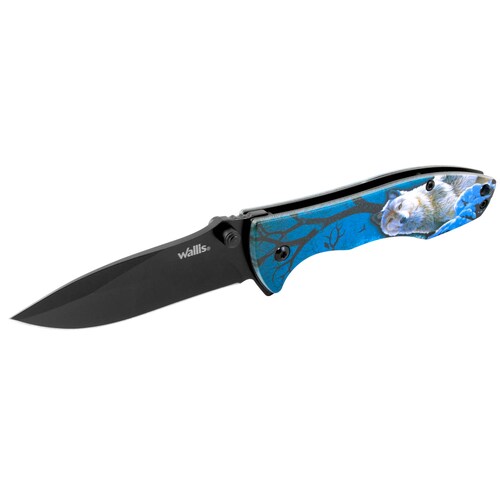 Navaja de bloqueo con mango azul diseño Lobo, acero inoxidable