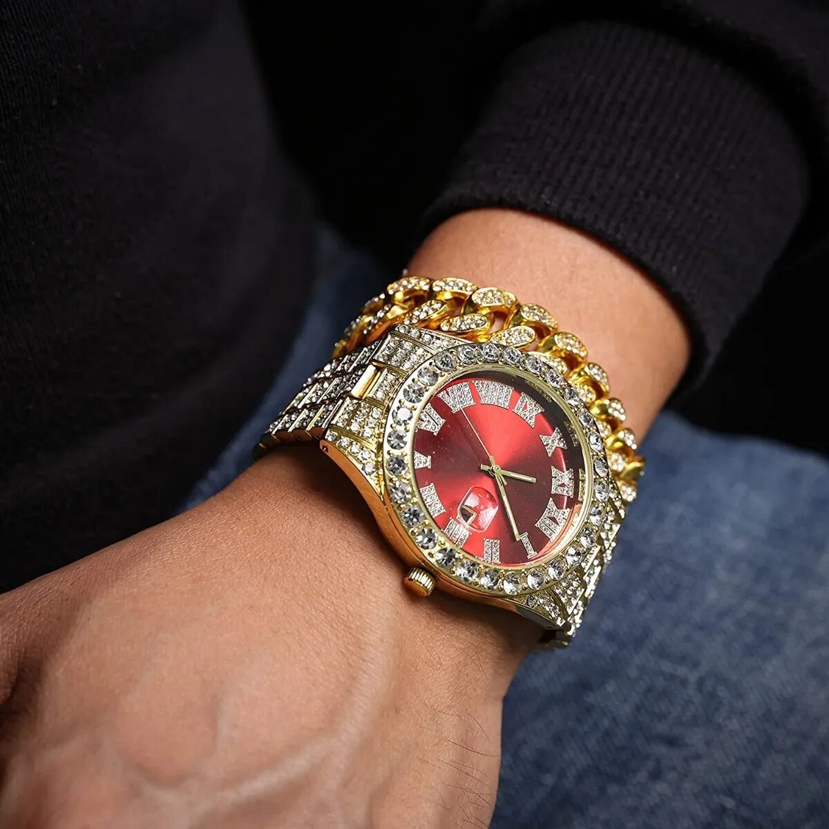 Reloj Y Pulsera De Diamantes Estilo Hip Hop Dorado Y Rojo