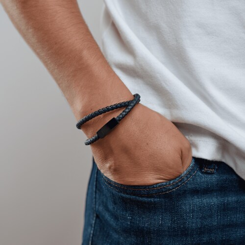 LUCKMAN Pulsera Hombre Doble Vuelta, Brazalete de Cuero Piel Vegana , Acero Inoxidable Color Negro y Broche Magnético - Modelo Kent