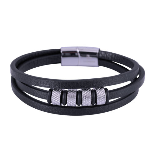 LUCKMAN Pulsera Hombre Acero Inoxidable Color Plata , Brazalete de Cuero Piel Vegana y Broche Magnético - Modelo Max