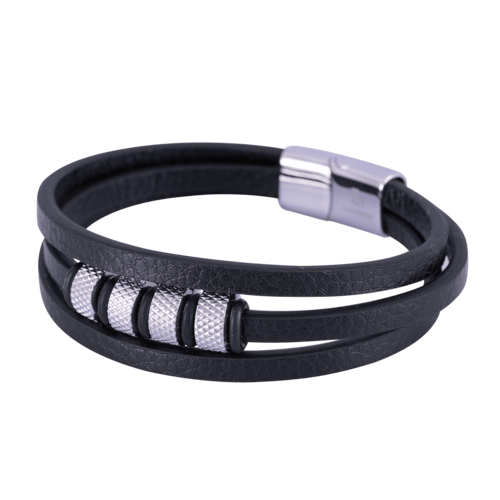 LUCKMAN Pulsera Hombre Acero Inoxidable Color Plata , Brazalete de Cuero Piel Vegana y Broche Magnético - Modelo Max